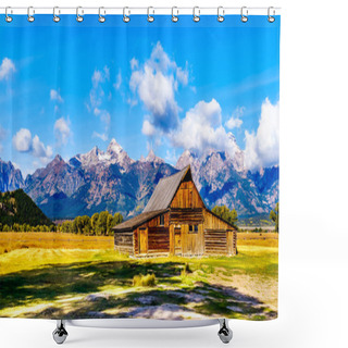 Personality  An Abandoned Barn At Mormon Row With In The Background Cloud Covered Peaks Of The Grand Tetons In Grand Tetons National Park Near Jackson Hole, Wyoming, United States Shower Curtains