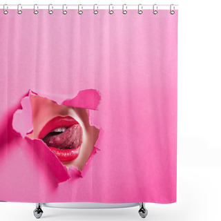 Personality  Cropped Image Of Sexy Woman Sticking Tongue Out In Hole In Pink Paper Shower Curtains