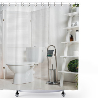 Personality  Interior Of White Modern Bathroom With Toilet Bowl Near Folding Screen, Rack And Plants Shower Curtains