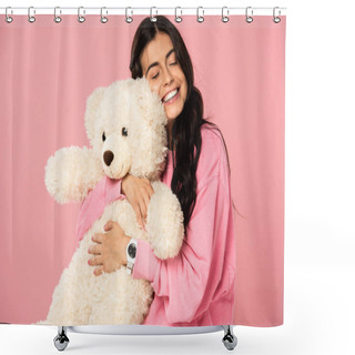 Personality  Beautiful Smiling Girl Hugging Teddy Bear, Isolated On Pink Shower Curtains
