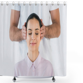 Personality  Cropped View Of Healer Putting Hands On Temples Of Happy Woman Isolated On White  Shower Curtains