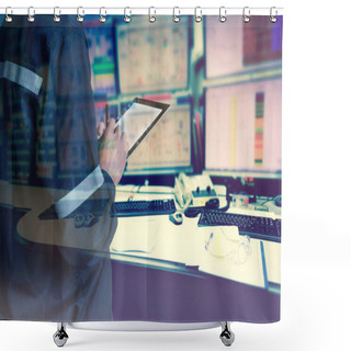 Personality  Double Exposure Of  Engineer Or Technician Man In Working Shirt  Shower Curtains