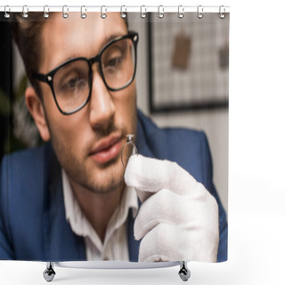Personality  Selective Focus Of Jewelry Appraiser In Glove And Eyeglasses Holding Ring With Gemstone In Workshop Shower Curtains