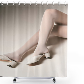 Personality  Cropped View Of Slim Woman In Sheer White Tights And High Heels Sitting On Grey Background Shower Curtains