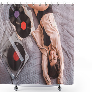 Personality  High Angle View Of Girl Laying On Bed And Listening Vinyl Audio Player At Home Shower Curtains