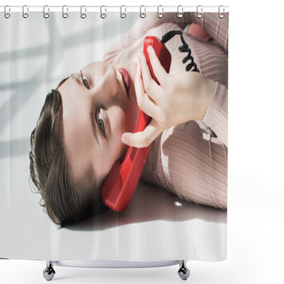 Personality  Stylish Girl With Vintage Telephone  Shower Curtains