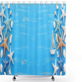 Personality  Vacation And Summer Concept With Vintage Boat Starfish And Seashells Over Blue Wooden Background. Top View Flat Lay Shower Curtains