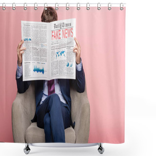 Personality  Businessman Sitting In Armchair And Reading Newspaper With Fake News On Pink Background Shower Curtains