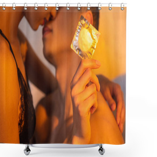 Personality  Cropped View Of Boyfriend Hugging And Kissing With African American Girl With Condom Shower Curtains