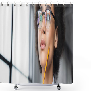 Personality  Low Angle View Of African American Businesswoman With Pencil Looking Away, Banner  Shower Curtains