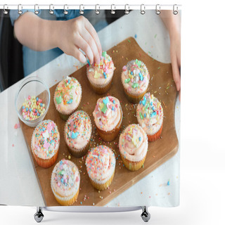 Personality  Girl Putting Confetti On Cupcakes Shower Curtains