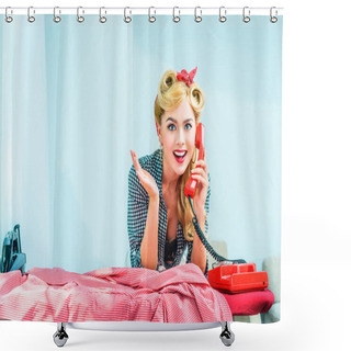 Personality  Housewife Ironing And Talking On Telephone Shower Curtains