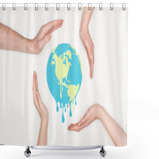 Personality  Paper Cut Melting Earth Surrounded By Male And Female Hands On White Background, Global Warming Concept Shower Curtains