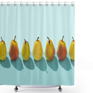 Personality  Multiple Pears Organized In A Row Over Blue Background Shower Curtains