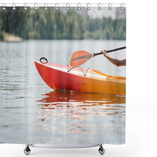 Personality  Cropped View Of Hand Of Active African American Woman With Paddle Sailing In Sportive Kayak On Calm River During Water Recreation On Summer Weekend, Summer Fun Shower Curtains