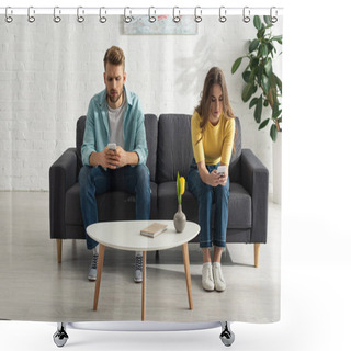 Personality  Young Couple Using Smartphones On Couch Near Book On Coffee Table  Shower Curtains