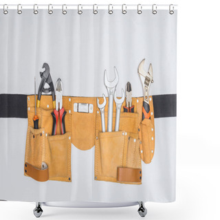 Personality  Top View Of Tool Kit Belt With Different Repairman Instruments Isolated On White Shower Curtains