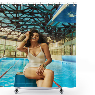 Personality  Excited African American Woman In Bathing Suit Sitting By Swimming Pool With Blue Water Shower Curtains