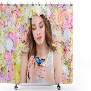 Personality  Sensual Young Woman In Floral Wreath With Butterfly On Hand Shower Curtains