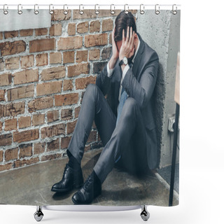 Personality  Sad Man In Grey Suit Sitting In Corner On Floor And Crying On Textured Background In Room, Grieving Disorder Concept Shower Curtains