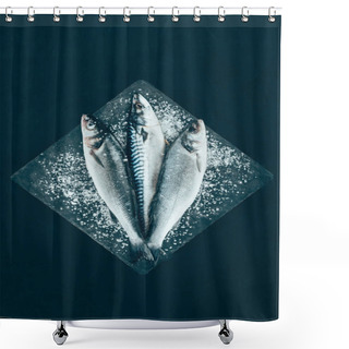 Personality  Top View Of Fresh Raw Mackerel And Sea Bass On Slate Board Isolated On Black  Shower Curtains