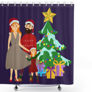 Personality  Vector With Parents Standing With Daughter Near Christmas Tree On Blue Shower Curtains