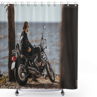 Personality  Biker In Leather Jacket Sitting On Classical Motorbike Near The Sea Shower Curtains