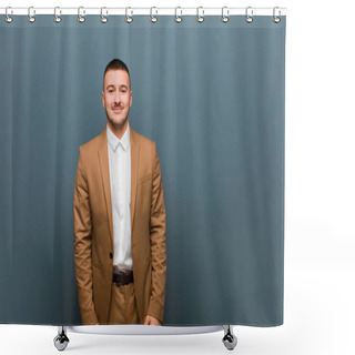Personality  Young Handsome Businessman Smiling Positively And Confidently, Looking Satisfied, Friendly And Happy Against Flat Background Shower Curtains