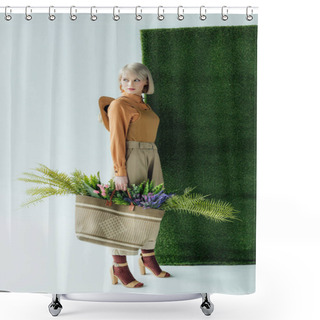 Personality  Beautiful Stylish Girl Holding Bag With Fern And Flowers On White With Green Grass  Shower Curtains
