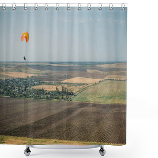 Personality  Parachute In The Sky Over Field In Hillside Area Of Crimea, Ukraine, May 2013 Shower Curtains