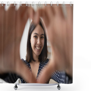 Personality  Smiling Asian Lady Looking At Camera Through Heart Of Fingers Shower Curtains