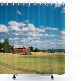 Personality  Rural Scene With Field And Houses Under Blue Sky, Hamar, Hedmark, Norway Shower Curtains