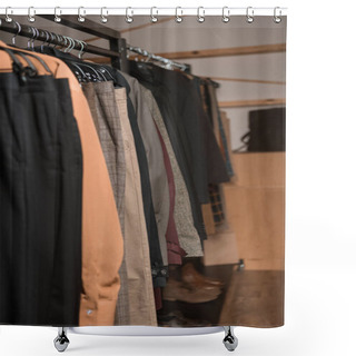 Personality  Stylish Male Clothes On Hangers In Boutique Shower Curtains