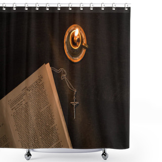 Personality  KYIV, UKRAINE - JANUARY 17, 2020: Top View Of Open Holy Bible With Cross And Candle On Dark Background Shower Curtains