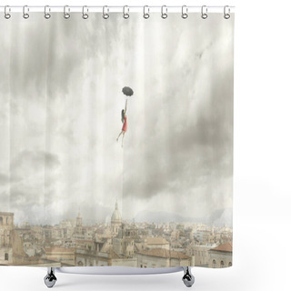 Personality  Surreal Moment Of A Woman Flying With Her Umbrella Over The City Shower Curtains