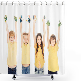 Personality  Adorable Happy Kids Showing Hands In Paint And Smiling At Camera Isolated On White Shower Curtains