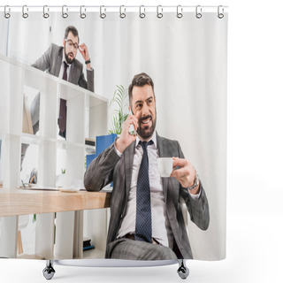 Personality  Businessman Spying On Colleague Above Partition In Office Shower Curtains
