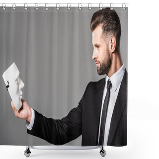 Personality  Side View Of Confident Businessman In Black Suit Looking At Mask Isolated On Grey Shower Curtains