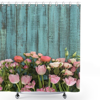 Personality  Top View Of Beautiful Flowers Over Green Wooden Background Shower Curtains