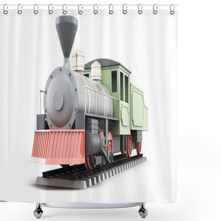 Personality  Model Of Old Steam Locomotive Isolated On White Background. 3d R Shower Curtains