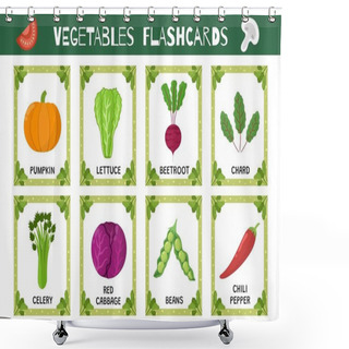 Personality  Vegetables Flashcards Set. Flash Cards Collection For Practicing Reading Skills. Learn Food Vocabulary For School And Preschool. Pumpkin, Lettuce, Celery And More. Vector Illustration Shower Curtains