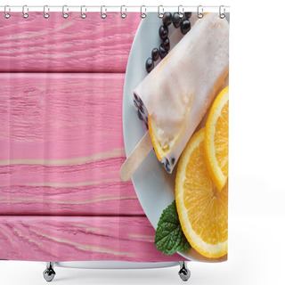 Personality  Top View Of Tasty Homemade Popsicle With Fruits And Mint On Plate On Pink Wooden Table Shower Curtains