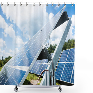 Personality  Blue Solar Energy Batteries, Green Grass And Cloudy Sky Outside  Shower Curtains