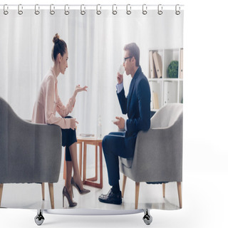 Personality  Side View Of Attractive Journalist Asking Questions While Businessman Drinking Coffee In Office Shower Curtains