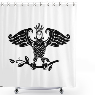 Personality  Retro Style Illustration Of A Harpy, A Half-human And Half-bird Personification Of Storm Winds Depicted As Bird With Head Of A Maiden, Perch On Branch On Isolated Background In Black And White. Shower Curtains
