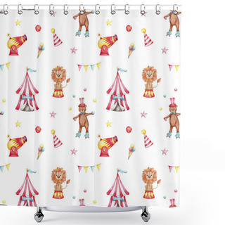 Personality  Seamless Pattern With Circus Bear, Lion And Striped Tent, Colorful Flags; Watercolor Hand Draw Illustration; With White Isolated Background Shower Curtains