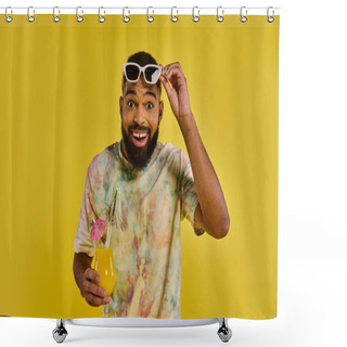 Personality  A Man Wearing A Colorful Tie-dye Shirt Is Holding A Drink In His Hand, Standing In A Relaxed Pose. Shower Curtains