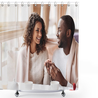 Personality  Delighted African American Couple Getting Engaged In The Cafe Shower Curtains