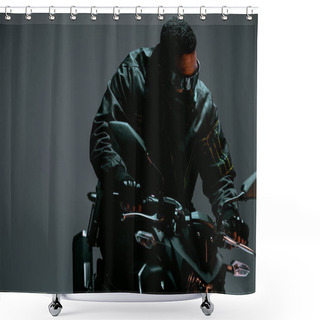 Personality  Mixed Race Cyberpunk Player In Mask And Futuristic Glasses Riding Motorcycle On Grey  Shower Curtains