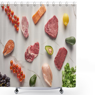 Personality  Top View Of Assorted Meat, Poultry And Fish Near Parsley, Grapes, Cherry Tomatoes, Avocados And Lemon On Gray Marble Surface Shower Curtains